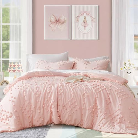 Geniospin Pink Full Comforter Set for Girls- 7 Pieces Pom Tufted Bed in A Bag Full Bedding Sets with Sheets, Pillowcases & Shams, All Season Kids Comforter Set Geniospin