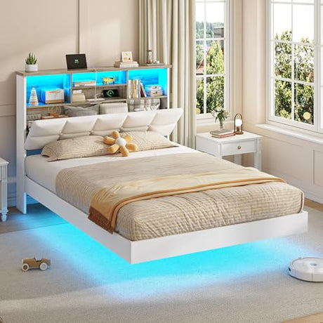 VIAGDO Floating Bed Frame Twin Size with Headboard and Storage, Upholstered Twin Platform Bed Frame with USB & Type C Charging Station and LED Lights, Hidden Storage, No Box Spring Needed, White VIAGDO
