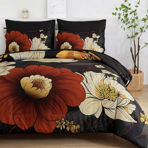 Xruibed Black Floral Comforter Set Queen Size 7 Pieces Bed in a Bag Flower Bedding Sets Lightweight Boho Bed Set with Sheet,Pillowcases&Shams for All Season Xruibed