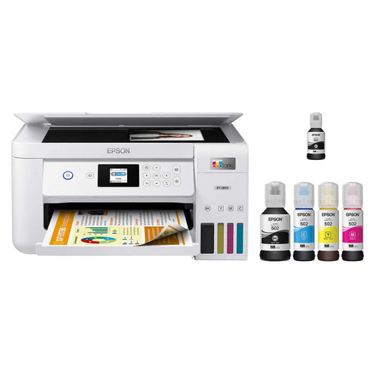 Epson EcoTank ET-2850L Wireless Color All-in-One Printer, Print Scan Copy, 1.44" Color Display, Auto-Duplex Printing, Up to 10.5 PPM, 1200X2400 DPI with Bonus Black Ink Bottle and Printer Cable