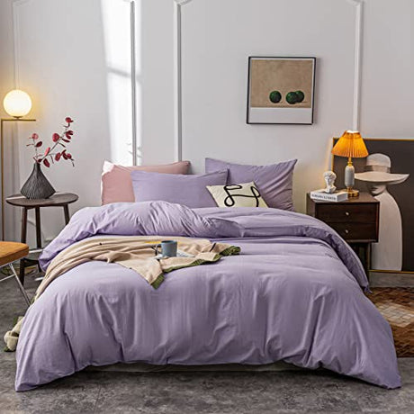 Janlive Washed Cotton Duvet Cover Full Ultra Soft 100% Cotton Solid Color Lavender Purple Duvet Cover Set with Zipper Closure -3 Pieces Purple Full Janlive