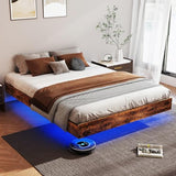 Floating Bed Frame Queen with LED Lights, Metal Platform Queen size Floating Bed Frame with Under Bed Storage, Heavy Duty Steel Slats Support, No Box Spring Needed, Noise Free, Easy Assembly, Brown RVONOW