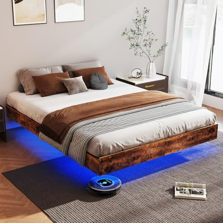Floating Bed Frame Queen with LED Lights, Metal Platform Queen size Floating Bed Frame with Under Bed Storage, Heavy Duty Steel Slats Support, No Box Spring Needed, Noise Free, Easy Assembly, Brown RVONOW