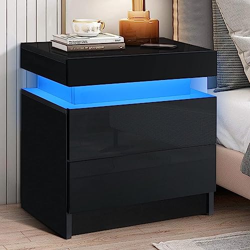 HOMMPA LED Nightstand Modern Black Nightstand with Led Lights Wood Matte Led Bedside Table Night Stand with 2 High Gloss Drawers for Bedroom 20.5" Tall - WoodArtSupply