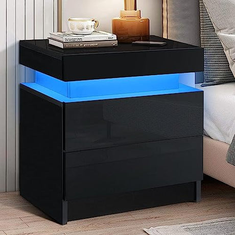 HOMMPA LED Nightstand Modern Black Nightstand with Led Lights Wood Matte Led Bedside Table Night Stand with 2 High Gloss Drawers for Bedroom 20.5" Tall HOMMPA