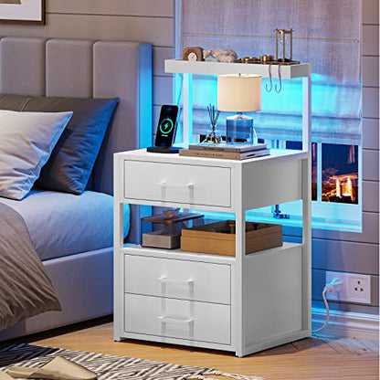 Nightstand with Charging Station and LED Lights, LED Night Stand with 2 USB Ports and 2 AC Outlets, Modern End Table with 3 Drawers, Bedside Table with Open Storage for Bedroom, White - WoodArtSupply