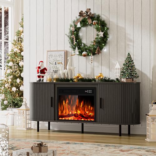 Kucreiheat 65" Fluted Fireplace TV Stand, Modern Entertainment Center for TVs Up to 75 inch, TV Console with Sliding Door, Curved Profile Design, Media Console for Living Room, Black Kucreiheat
