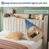 GarveeHome Upholstered Bed Frame with Storage Headboard and Charging Station, Platform Bed Frame with Drawers, Heavy Duty, No Box Spring Needed, Easy Assembly, Beige, Queen Size GarveeHome