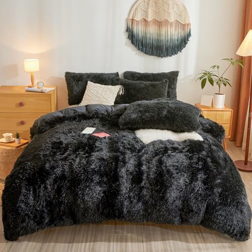 Besfunny Fluffy Faux Fur Black Comforter Cover Queen Set – Plush Fluffy Black Bedding 3-Piece Set (1 Duvet Cover + 2 Furry Pillow Shams) Cozy Bed Set Besfunny