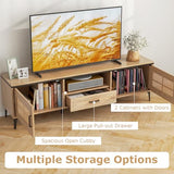 Tangkula Boho TV Stand for 65 Inch TVs, Mid Century Modern Media Entertainment Center with Drawer, 2 Cabinets with Rattan Doors, Metal Legs, Cable Hole, TV Console Table for Living Room (Oak) Tangkula