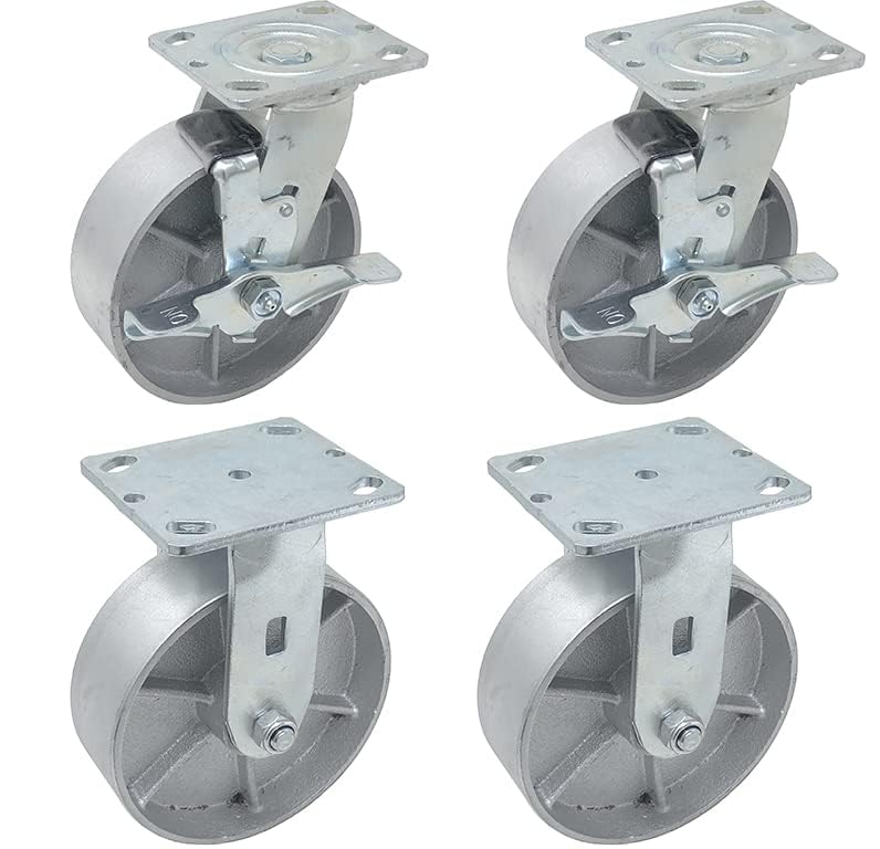 IconCasterWheels 6" x 2" Steel Heavy Duty Caster, Set of 4 Industrial Casters | 2 Swivel Top Lock Brake Caster & 2 Rigid Top Plate Caster | Top Plate 4 x 4.5, Load Capacity 4,800 lbs per Set (4-Pack) ICONCASTERWHEELS