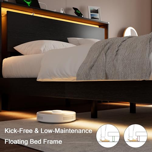 Einhomn Bed Frame Queen Size with LED Lights & Charging Station – Kids Wood Floating Queen Bed Frame with Storage Headboard, Adhesive Slats, Kick-Free & Noise-Free Design, Easy Assembly, Black Einhomn