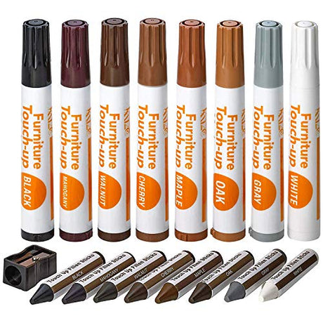 Katzco Furniture Repair Kit Wood Markers - 17 Pcs Set with Sharpener - Furniture Touch Up Markers for Floors, Bedposts, and Molding - Furniture Katzco