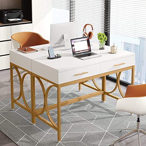 Tribesigns Modern Computer Desk with 2 Drawers, 41 Inches Study Writing Office Desk for Home Office, Bedroom, Makeup Vanity Table Desk with Gold Metal Frame, White & Gold Tribesigns