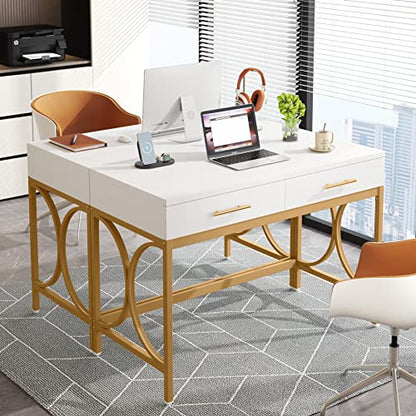 Tribesigns Modern Computer Desk with 2 Drawers, 41 Inches Study Writing Office Desk for Home Office, Bedroom, Makeup Vanity Table Desk with Gold Metal Frame, White & Gold