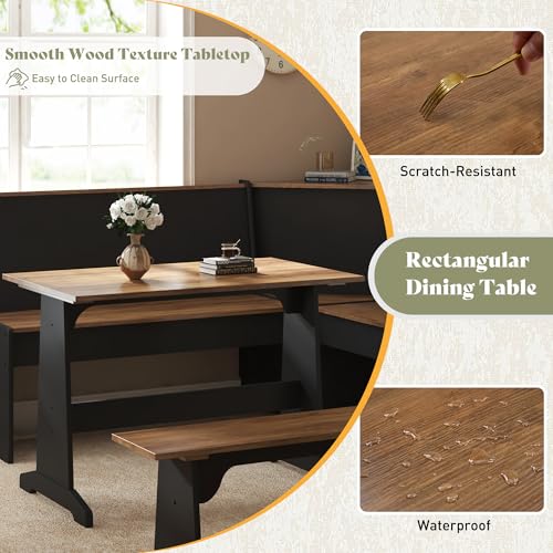 AMERLIFE 3-Piece Breakfast Nook Dining Set, L-Shaped Corner Bench with Hidden Storage, Space-Saving Kitchen Table Set for Small Spaces, Black & Oak AMERLIFE