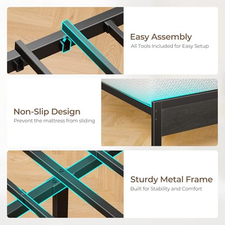 Seventable Full Size Bed Frame with Charging Station & LED Lights, Upholstered Headboard with Storage Shelves, Metal Platform with Under Bed Storage, No Box Spring Needed, Easy Assembly, Dark Grey Seventable