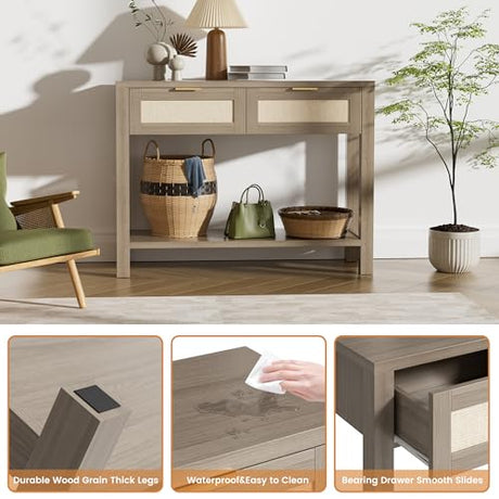 YUUIJOAA Boho Chic Console Table with 2 Rattan Drawers and Open Shelf Storage, Narrow Farmhouse Sofa Table for Small Space Entryway, Living Room,Hallway, Caramel Oak YUUIJOAA