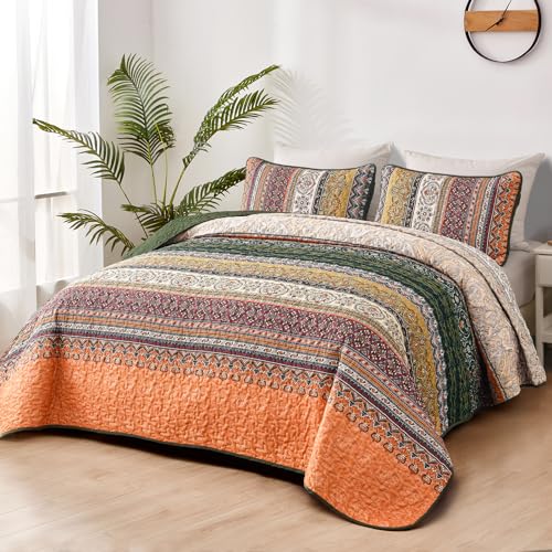 WONGS BEDDING Boho King Quilt Set, Green and Orange Bohemian Quilt Bedding Set, Fall Lightweight Bed Decor Bedspread for All Season Reversible Microfiber Coverlet Bedding Set 103"x90"(3 Pieces) WONGS BEDDING