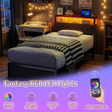 Woanke Twin Bed Frame with Headboard, Small Bed Frame with Drawers & Storage, Twin Bed Frames for Kids/Teenagers, Bed Frame Twin with LED Lights/Charging Station, Noise-Free/Assembly Easily, Black Oak Woanke