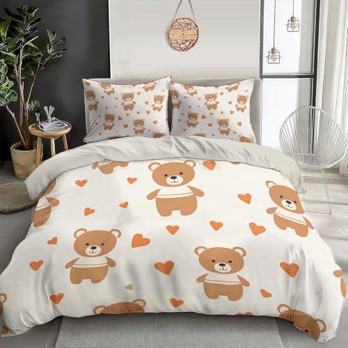 WIVCOMD Twin Duvet Cover Set - Cute Brown Teddy Bear Soft Microfibre Bedding - Minimalist Style Bedding Quilt Cover Set with Pillow Cases, Light Yellow WIVCOMD