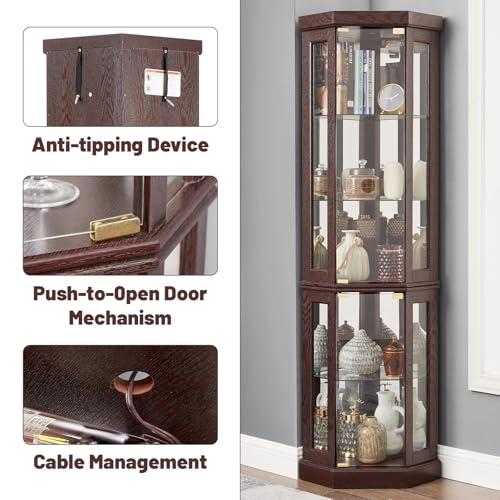 BAOMKONG Tall Corner Cabinet with Glass Doors, Lighted Glass Display Curio Cabinet with Adjustable Shelves, Home Office Floor Standing Display Cabinet for Bar, Liquor Storage and Medal, Dark Cherry BAOMKONG