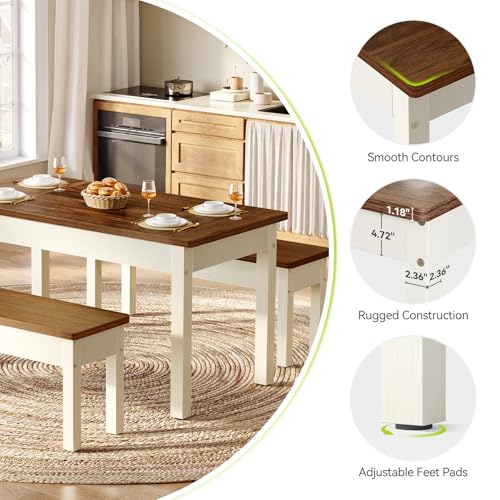 LITTLE TREE Dining Table Set for 4, Small Space Saving Farmhouse Kitchen Chairs, Compact 3-Piece Kitchen and Dining Room Furniture with 2 Wood Benches LITTLE TREE