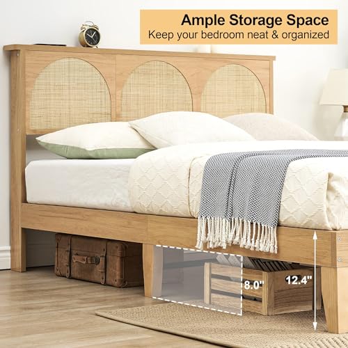 IDEALHOUSE Queen Size Rattan Bed Frame with LED Headboard and Under-Bed Storage IDEALHOUSE