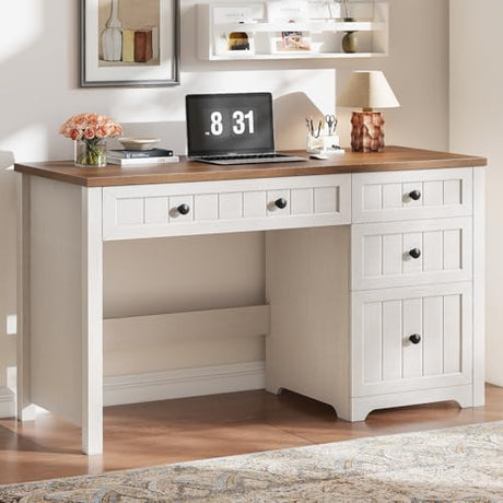 Vabches Farmhouse Executive Desk with 4 Drawers, Home Office Desk with File Drawer, Wood Computer Desk with Storage, Rustic Office Desk for Work Study Writing, Brown White Vabches