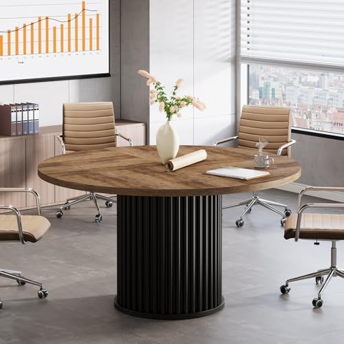 Tribesigns 47-Inch Round Conference Table, Meeting Table for 4-6 People, Small Office Desk with Sturdy MDF + Metal Base, Perfect for Conference Room or Small Workspaces, Brown + Black Tribesigns