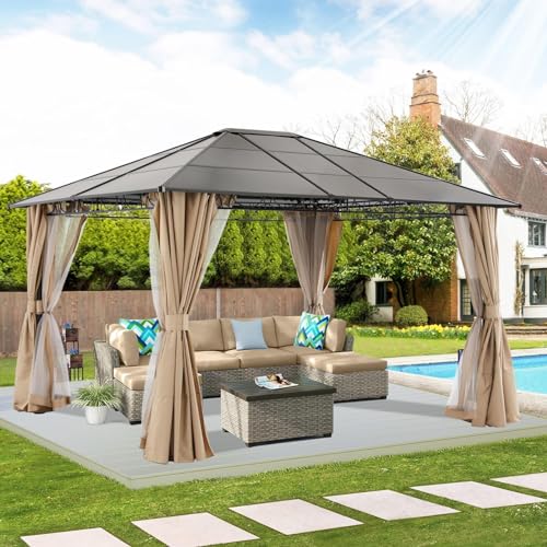 ABCCANOPY Hardtop Gazebo 10x12 - Outdoor Polycarbonate Hard Top Roof Gazebo with Curtains and Netting for Patios, Deck, Backyard and Garden (Beige)