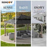 Sunjoy 13 x 15 ft. Wood Gazebo, Outdoor Patio Steel Hardtop Gazebo, Cedar Framed Wooden Gazebo with 2-Tier Metal Roof, Suitable for Patios, Lawn and Backyard, Dark Brown Roof + Dark Wood Frame Sunjoy