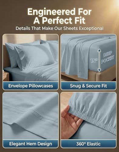 LANE LINEN 100% Cotton Bed Sheets – 600 Thread Count Cooling Sheets Queen, Durable Daily Use Bedding, Value Comfort for Night Rest, Hotel Sateen Finish, Snug Fit 15" Deep Pocket – Blue LANE LINEN