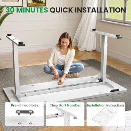 DeskShow Electric Standing Desk Adjustable - 60x28 Inch Sit Stand Desk with 1 Inch Thick Tabletop, Double Beam Frame, 3 Memory Height Adjustment, Cable Management for Home Office DeskShow