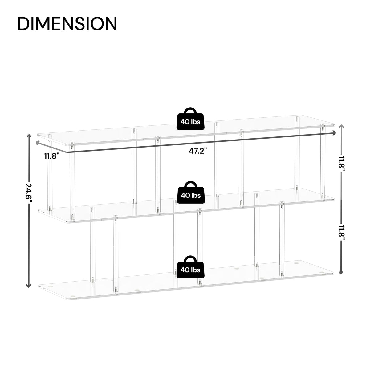 CRTERICX 3-Tier Acrylic Horizontal Bookshelf, Clear Long Bookcase, Modern Low Book Shelf with 5 Cube Storage for Living Room, Office, Bedroom, 11.8''D x 47.2''W x 24.6''H CRTERICX