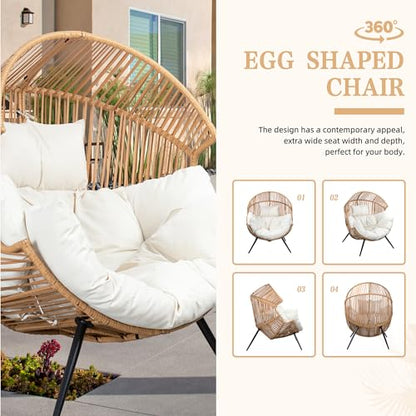 Vongrasig Wicker Egg Chair PE Rattan Chair with Cushion, Oversized Patio Lounge Chair for Outdoor, Indoor, Balcony, Backyard, Garden, Beige - WoodArtSupply