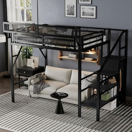 Duxelifin Twin Size Loft Bed with Staircase, Metal Loft Beds with Storage Shelves & Wardrobe, High Lofted Bed Frame, Loft Twin Bed for Boys Girls and Teens, No Box Spring Needed (Black) Duxelifin