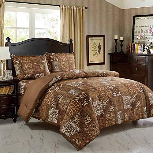 WPM WORLD PRODUCTS MART 3 Piece Animal Print Comforter with Pillow Sham, Chocolate Brown Leopard Zebra Giraffe Jungle Forest Theme Design Queen Size Bedding- Safari (Brown, Queen) WPM WORLD PRODUCTS MART