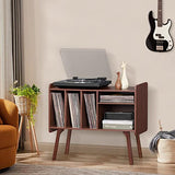 Lerliuo Record Player Stand with 4 Cabinet Holds Up to 220 Albums, Large Turntable Stand with Beech Wood Legs, Mid-Century Record Player Table,Walnut Vinyl Holder Storage Shelf for Bedroom Living Room Lerliuo