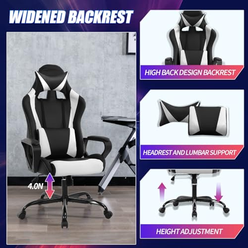 Gaming Chair Office Chair High-Back Ergonomic Video Game Chairs for Kids Teen Adult Height Adjustable Reclining Computer Chair with Lumbar Support Armrest Headrest Game Chair - White BSTOPHKL