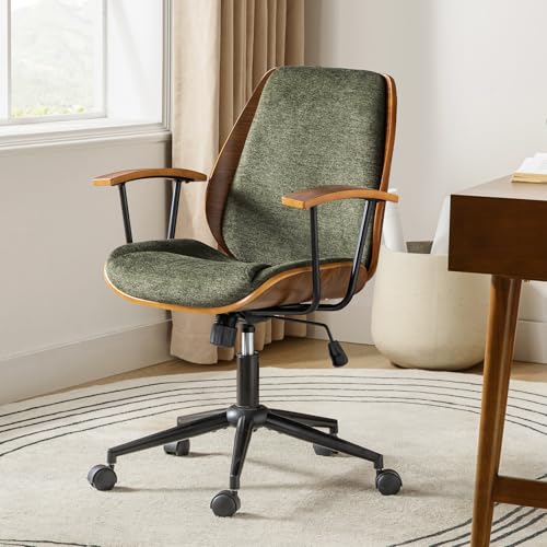 HULALA HOME Solid Wood Office Chair with Rocking Function, Comfy Fabric Desk Chair with Bent Wood and Metal Base, Height Adjustable Swivel Computer Task Chair, Green HULALA HOME