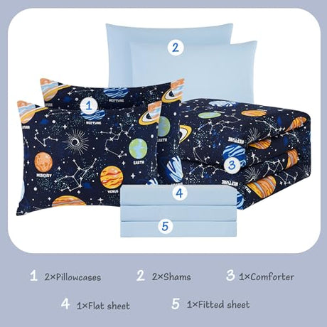 Full Kids Comforter Set - 7 Pieces Full Bedding Sets for Boys Teen, Glow in The Dark Space Bed in A Bag with Sheets Kaleido Space