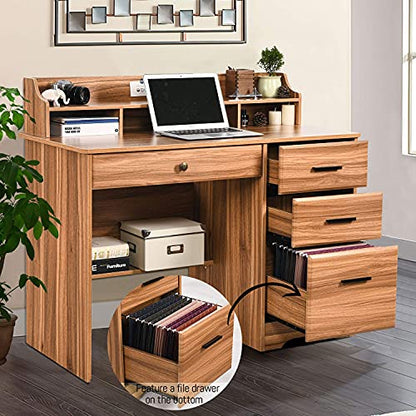 Catrimown Computer Desk with Drawers and Hutch, 44” Rustic Oak Wood Desk with 4 Drawers for Home Office Secretary Writing Table, Small Desk with File Drawer for Small Places, Rustic Oak
