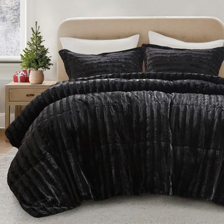 Madison Park Duke Luxe Faux Fur Reversible Comforter Set, Soft Plush Reverse, Modern Down Alternative Filling Cozy Bedding, Box Quilted Warm Cover, Matching Shams, Full/Queen, Black 3 Piece Madison Park