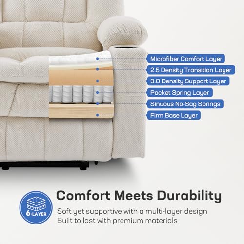 Tami Tami Dual Motor Power Lift Chair Recliner for Elderly with Massage and Heat, Infinite Position Electric Lift Recliner with Adjustable Headrest, USB (T6015 - Plush Fabric, Cream White, Medium)