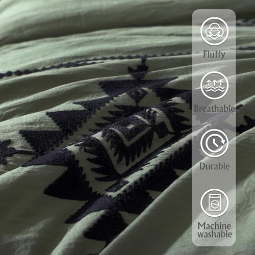 MaiRêve Embroidery Comforter Set, Boho Farmhouse Western Bedding Set, All Season Bed in A Bag Comforter Set with Sheets, Pillowcases & Shams, Olive Green Queen 7 Pieces MaiRêve