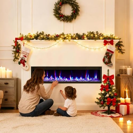 60'' Electric Fireplace Inserts, Recessed Wall Fireplace Heater with Log & Crystal Inserts, Adjustable Flame Color/Speed/Brightness, Heater, Remote Control & Touch Screen, Built-in Timer, Low Noise Towallmark