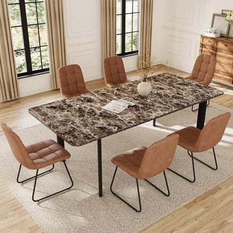 HIPIHOM Extendable Dining Table Set for 6-8 People, 63 to 78.7 Inch MDF Kitchen Table with 6 Upholstered Chairs, Space-Saving for Dining Room, Breakfast Nook (Brown Table & 6 Brown U-Shaped Chairs) HIPIHOM