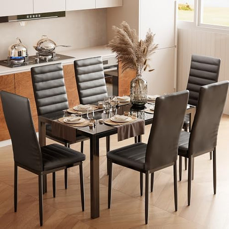 Bealife Kitchen Dining Table Set for 6, Tempered Glass 7 Piece Table and Chairs Set Modern for Home, Kitchen, Living Room, Dining Room,Black Bealife