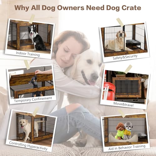 EasyCom Dog Crate Furniture, Extra Large Dog Kennel Indoor with Top-Access Teasing/Feeding Door, Spacious Dog House Moveable Furniture-Style Dog Cage with Wheels Double Doors - WoodArtSupply